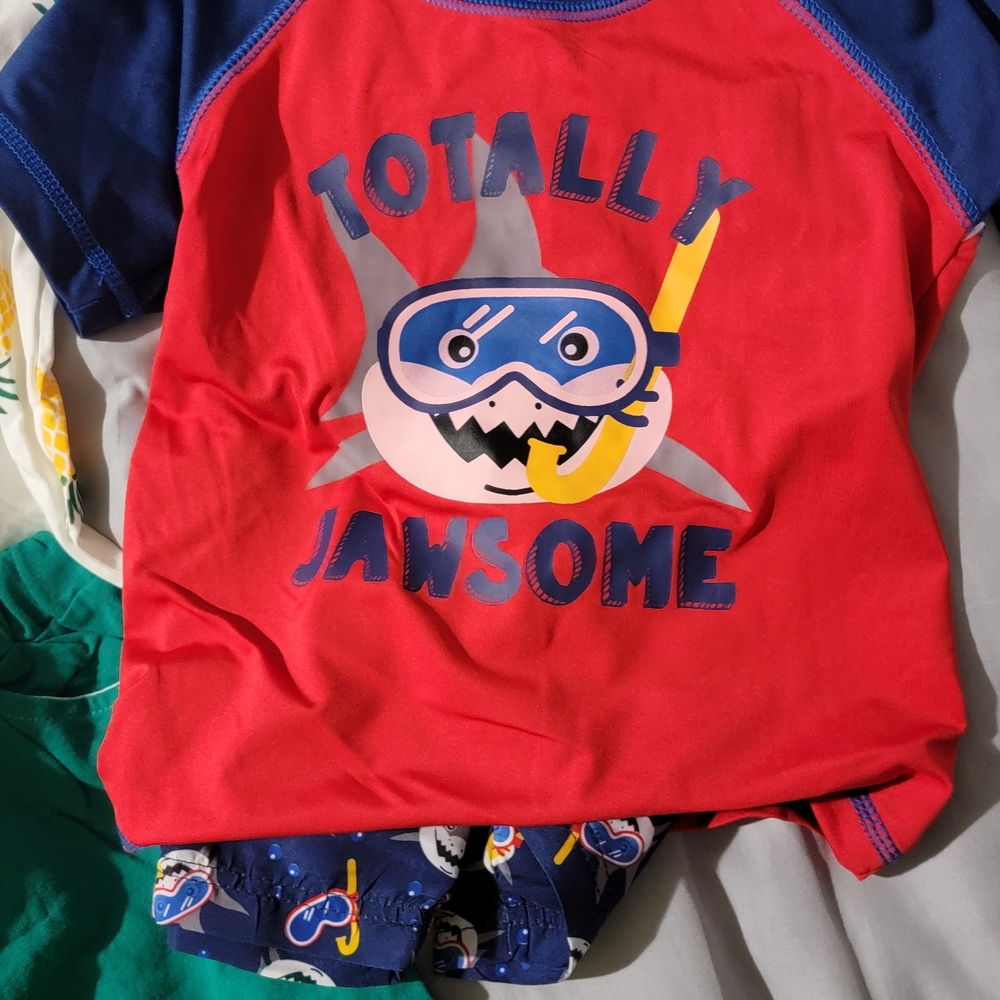 Red "Totally Jawsome" Shark Graphic Kids Rash Guard Set